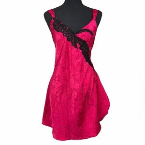 Vintage Y2K Victoria’s Secret Pink Jacquard Satin Slip Dress‎ Lace Applique Lrg